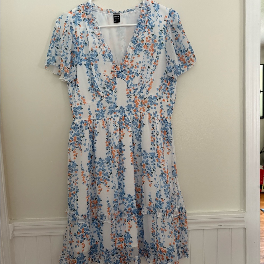 SHEIN Floral Midi Dress in Blue and Orange
